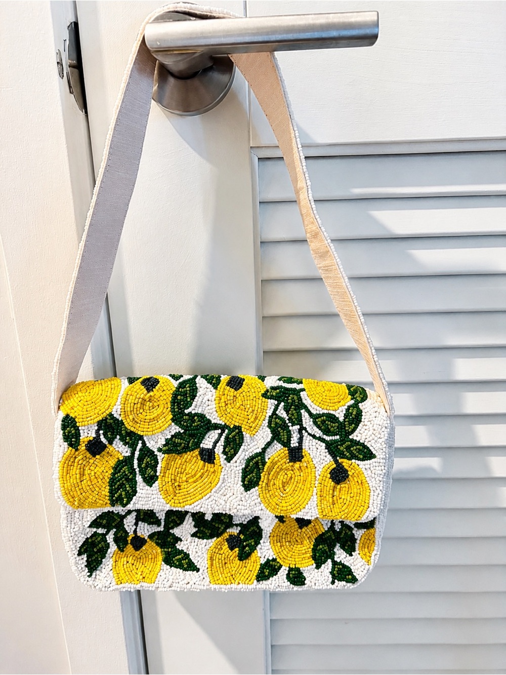 Sincerly Jules Beaded Yellow Lemon Shoulder Bag with Green Leaf Accents